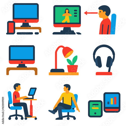 Ergonomic Office Icons. Flat vector icons of home office ergonomics and setup: smart desk setup with device icons, desktop yoga
