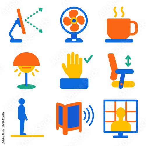 Home Office Ergonomics Icons. Flat vector icons of home office ergonomics and setup: screen angle adjuster, wireless desk fan,