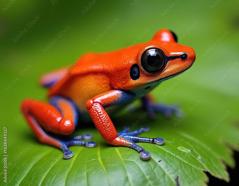 Obraz premium Vibrant red, blue frog sits on green leaf. Small amphibian striking coloration, detailed skin texture, large black eyes. Bright colors might indicate toxicity. Perfect for biology, nature, exotic