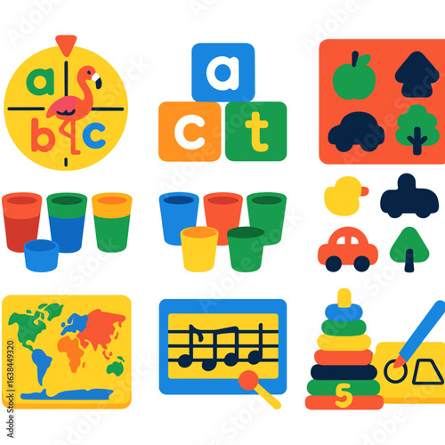 Educational Kids Icons. Flat vector icons of kids learning and educational games: phonics sound wheel, spelling game cubes, clock