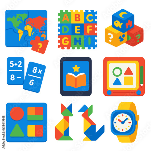 Educational Kids Icons. Flat vector icons of kids learning and educational games: map puzzle with countries, interactive alphabet