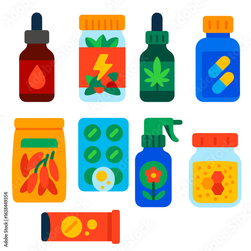 Vibrant Health Icons. Flat vector icons of health supplements and natural remedies: iron supplement dropper bottle,