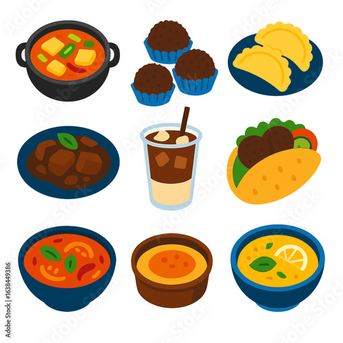 International Cuisine Icons. Flat vector icons of international cuisine and world foods: Korean soybean stew, Brazilian brigadeiro