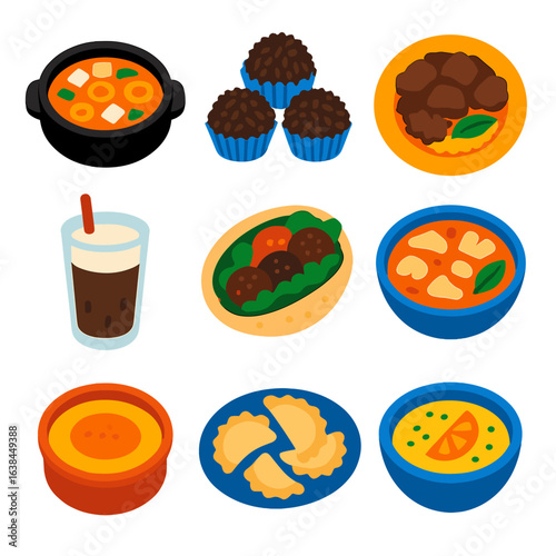 International Cuisine Icons. Flat vector icons of international cuisine and world foods: Korean soybean stew, Brazilian brigadeiro