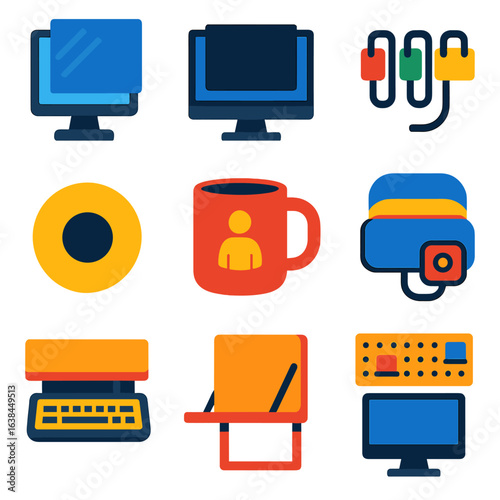 Ergonomic Office Icons. Flat vector icons of home office ergonomics and setup: blue light blocking screen, monitor with privacy