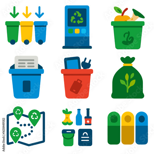Waste Sorting Icons. Flat vector icons of waste sorting and recycling systems: arrows pointing to separate bins, digital sorting