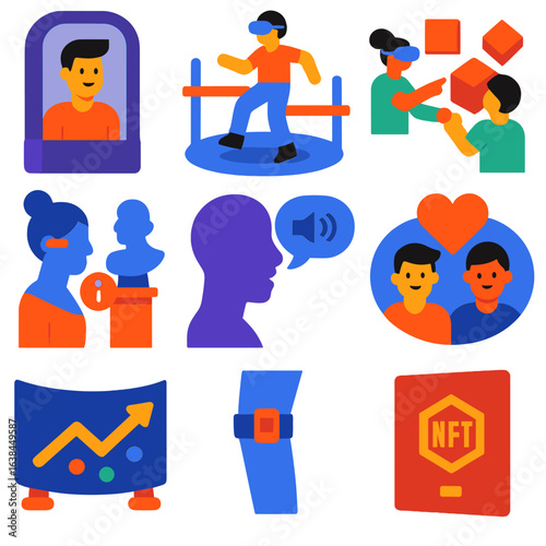 Flat Virtual Reality Icons. Flat vector icons of virtual reality and metaverse items: avatar creation booth, VR obstacle course,