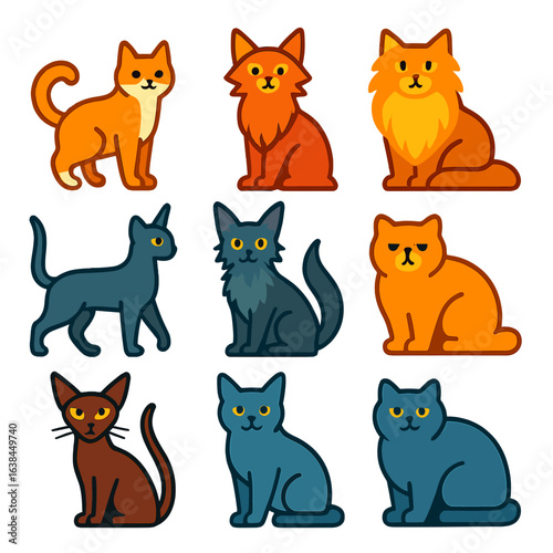 Flat Cat Breed Icons. Flat vector icons of cat breeds: Japanese Bobtail tail flick, Somali fox-like fur, Maine Coon regal mane.
