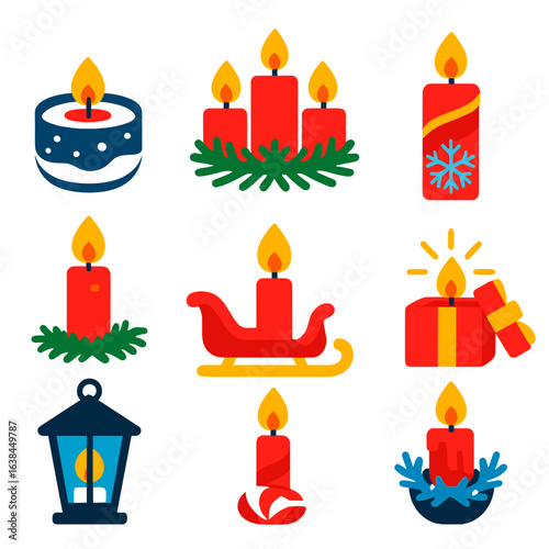Christmas Candle Icons. Flat vector icons of Christmas candles: tealight in snowy glass, three short candles with fir ring,