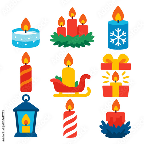 Christmas Candle Icons. Flat vector icons of Christmas candles: tealight in snowy glass, three short candles with fir ring,