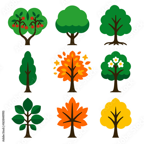 Vibrant Tree Icons. Flat vector icons of deciduous trees: twin rowan trees with berries, round-top hornbeam, wide hazel with