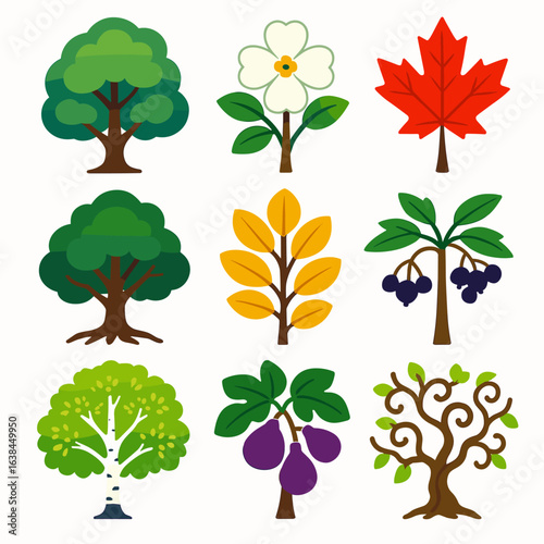 Vibrant Tree Icons. Flat vector icons of deciduous trees: layered ash tree with subtle glow, flowering dogwood in profile,