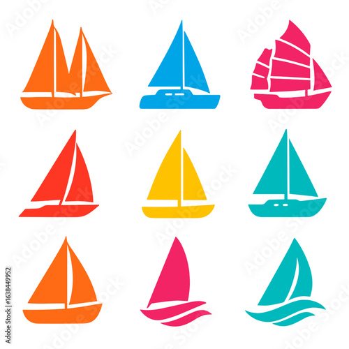 Sailing Boat Silhouettes. Flat vector icons of sailing boat silhouettes: twin-masted cutter silhouette, catamaran with wide deck