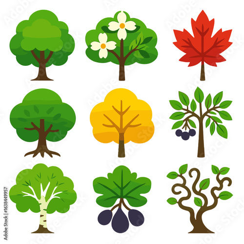 Vibrant Tree Icons. Flat vector icons of deciduous trees: layered ash tree with subtle glow, flowering dogwood in profile,