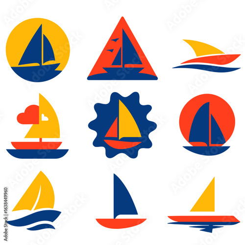 Sailing Boat Icons. Flat vector icons of sailing boat silhouettes: curved silhouette in moonlight, boat in triangle frame with