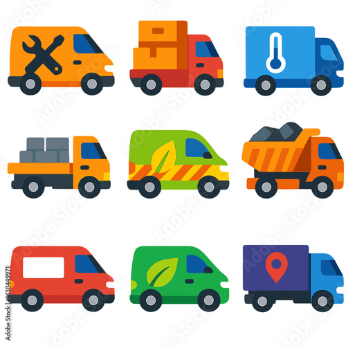 Vibrant Vehicle Icons. Flat vector icons of van, truck and lorry: service van with tool icons, lorry with stacked goods icon,