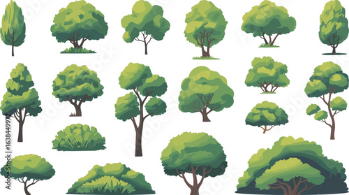 Tree illustration set, diverse foliage design, green canopy artwork, stylized forest clipart, seasonal plant drawing, nature elements, botanical shapes