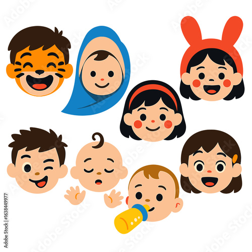 Bright Children's Face Icons. Flat vector icons of children faces: child with animal face paint and joy, baby in bath towel with