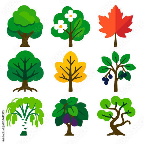 Vibrant Tree Icons. Flat vector icons of deciduous trees: layered ash tree with subtle glow, flowering dogwood in profile,