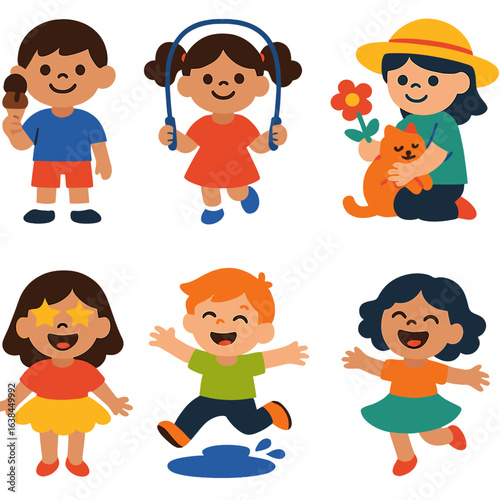 Playful Kids Icons. Flat vector icons of cartoon kids: boy holding ice cream, girl skipping rope, child hugging pet. Kid in sun