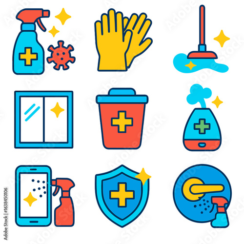 Disinfection Vector Icons. Flat vector icons of disinfection and germ protection: disinfectant solution bottle, cleaning gloves
