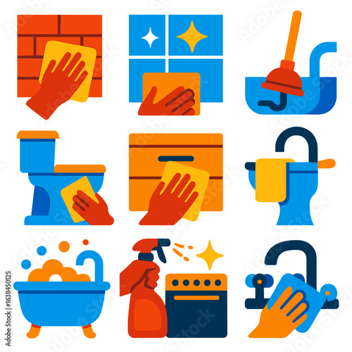 Bold Cleaning Icons. Flat vector icons of bathroom and kitchen cleaning: wiping kitchen backsplash, bathroom tile with sparkle,