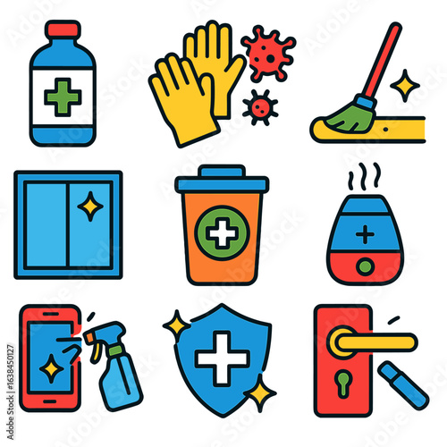 Disinfection Vector Icons. Flat vector icons of disinfection and germ protection: disinfectant solution bottle, cleaning gloves