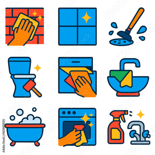 Bold Cleaning Icons. Flat vector icons of bathroom and kitchen cleaning: wiping kitchen backsplash, bathroom tile with sparkle,