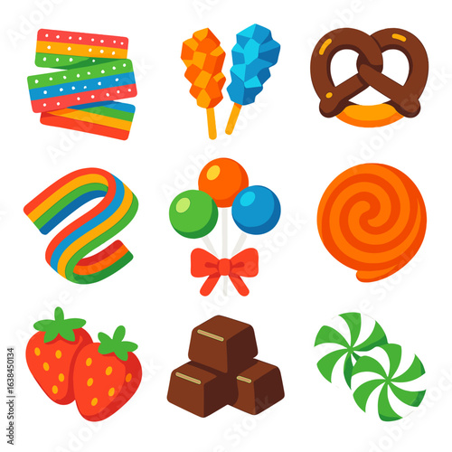 Colorful Candy Icons. Flat vector icons of candy and sweet treats: striped sour belts, rock candy crystals, chocolate-dipped