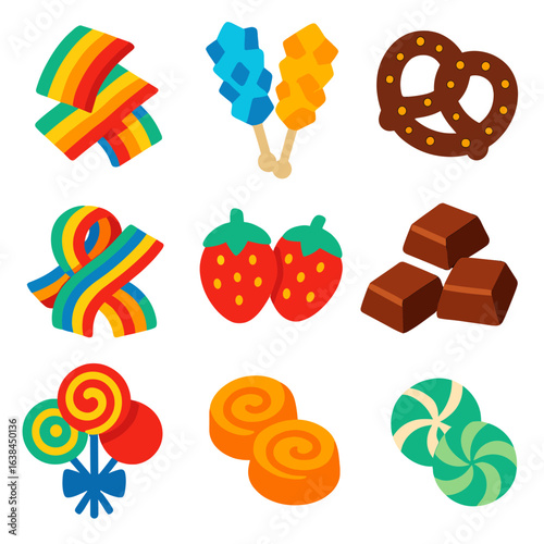 Colorful Candy Icons. Flat vector icons of candy and sweet treats: striped sour belts, rock candy crystals, chocolate-dipped
