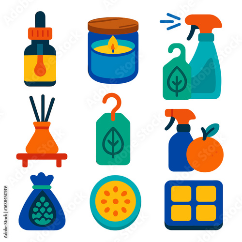 Home Fragrance Icons. Flat vector icons of home fragrance and air freshening: oil bottle with dropper, soy candle with wooden lid,