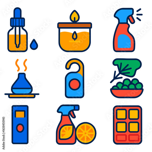 Home Fragrance Icons. Flat vector icons of home fragrance and air freshening: oil bottle with dropper, soy candle with wooden lid,