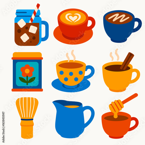 Vibrant Beverage Icons. Flat vector icons of coffee and hot beverages: iced coffee in mason jar, cup with latte art heart, mocha