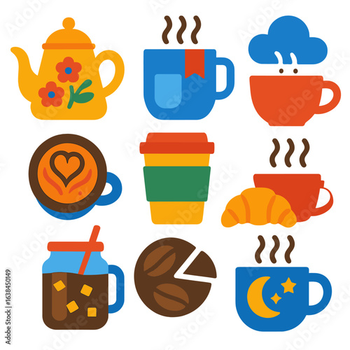 Bold Beverage Icons. Flat vector icons of coffee and hot beverages: tea pot with floral design, mug with bookmark and steam,