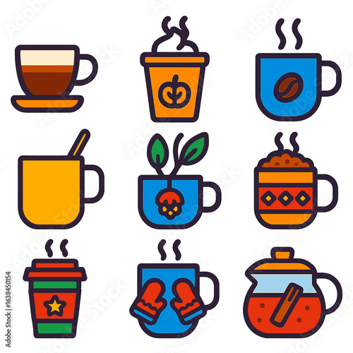 Coffee Beverage Icons. Flat vector icons of coffee and hot beverages: double shot espresso, pumpkin spice latte with leaf icon,