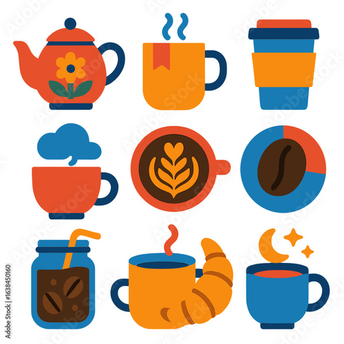 Bold Beverage Icons. Flat vector icons of coffee and hot beverages: tea pot with floral design, mug with bookmark and steam,