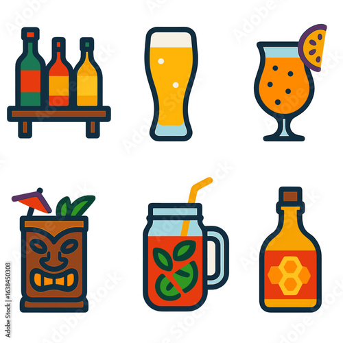 Vibrant Drink Icons. Flat vector icons of alcohol drink: bar shelf with bottles, chilled pilsner glass, amaretto on rocks.