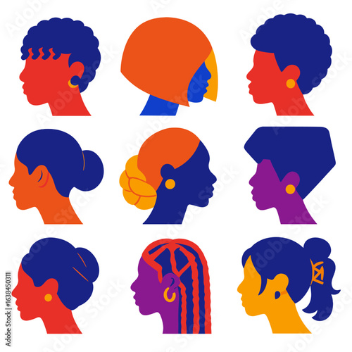 Bold Hair Icons. Flat vector icons of women hairstyles: tight curly fringe, angled side bob, short textured fro. Pulled-back twist