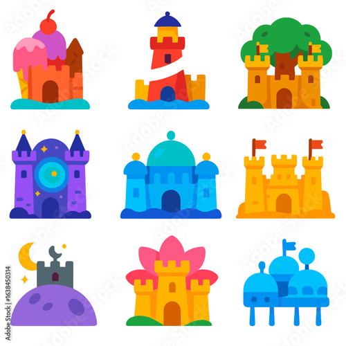 Whimsical Castle Icons. Flat vector icons of castles cartoon: ice cream castle, cartoon lighthouse fortress, tree stump castle.