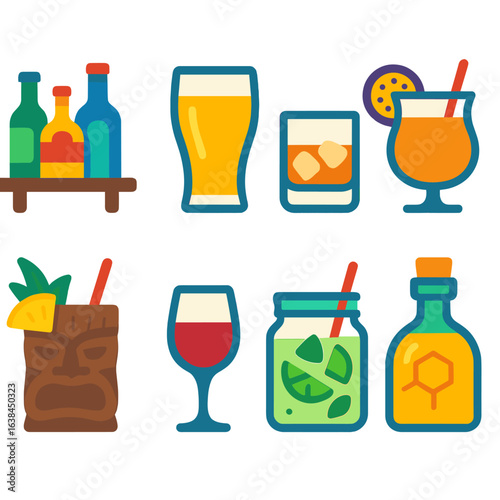 Vibrant Drink Icons. Flat vector icons of alcohol drink: bar shelf with bottles, chilled pilsner glass, amaretto on rocks.