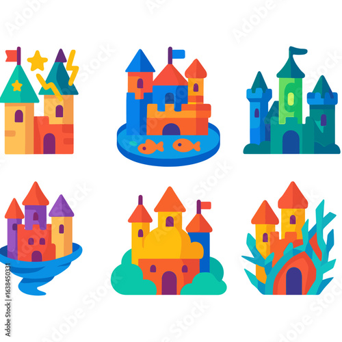 Vibrant Fantasy Castle Icons. Flat vector icons of castles cartoon: wizard duel tower, cartoon moat with goldfish, pancake-layer