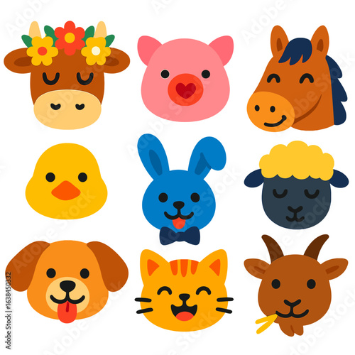 Cute Animal Icons. Flat vector icons of cute farm and domestic animals heads: sleepy cow with flower crown, pig with heart nose,