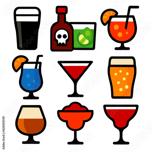 Bold Drink Icons. Flat vector icons of alcohol drink: Irish stout in pint glass, rum bottle with skull label, caipirinha with lime