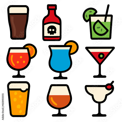 Bold Drink Icons. Flat vector icons of alcohol drink: Irish stout in pint glass, rum bottle with skull label, caipirinha with lime