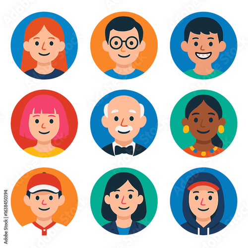 Vibrant Avatar Icons. Flat vector icons of people avatar (round): young woman with long red hair, man with round glasses, boy with