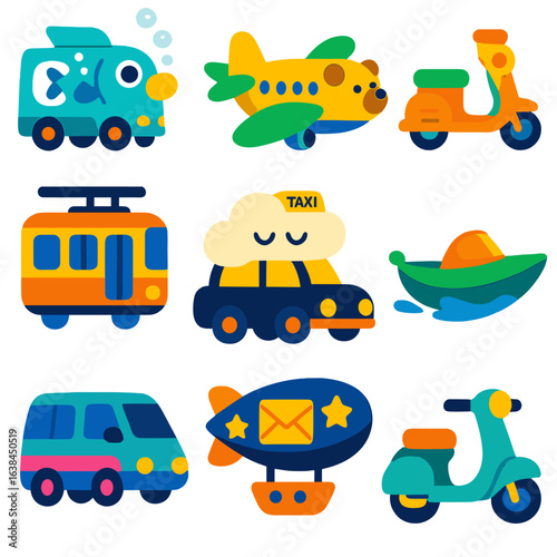 Whimsical Transport Icons. Flat vector icons of transport in cartoon style: fish van with bubbles, bear-nose airplane, funky pizza
