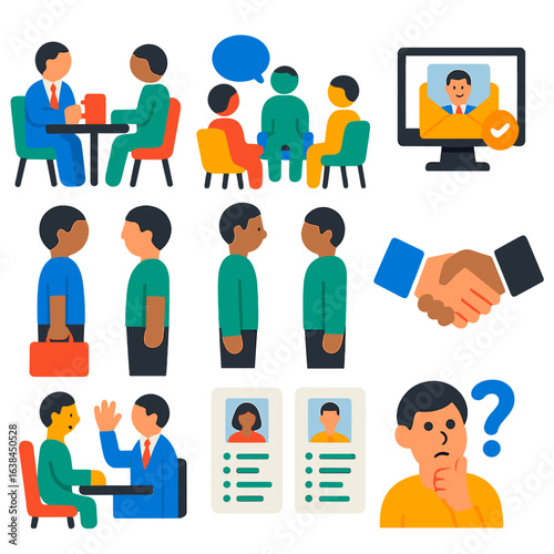 Job Search Icons. Flat vector icons of job seekers simple: job interview with coffee, group discussion with chairs, person