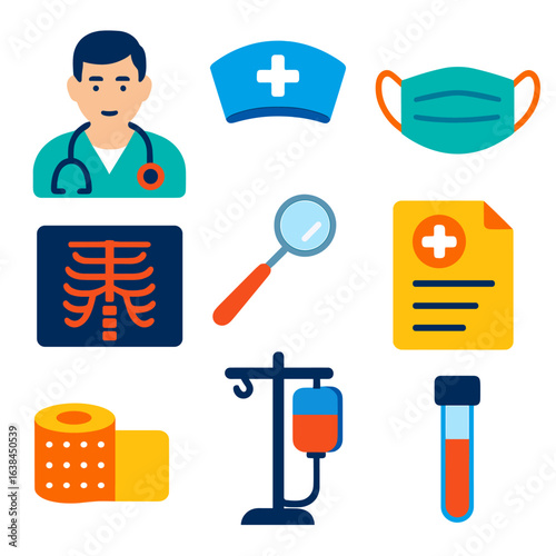 Healthcare Icon Set. Flat vector icons of health care and medicine: doctor avatar, nurse hat, surgical mask. X-ray image, dental