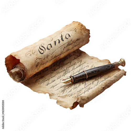 Old parchment scroll with santa s naughty or nice list and a quill pen isolated on transparent background