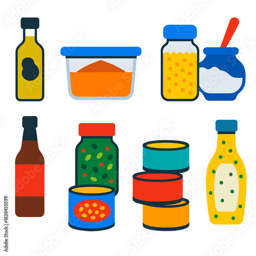 Bold Pantry Icons. Flat vector icons of pantry staples and condiments: truffle oil bottle, plastic container of miso paste,